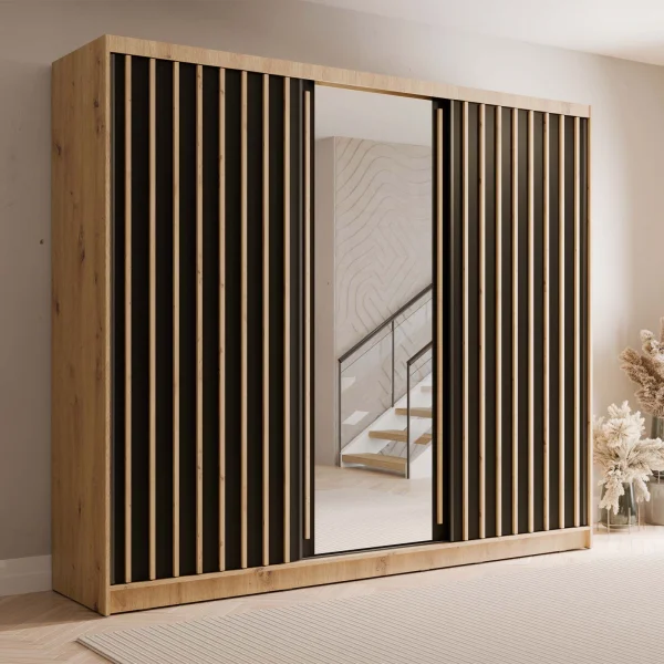 Armadio 248x215h cm 3 ante scorrevoli, cannettato con specchio rovere nero Vance
