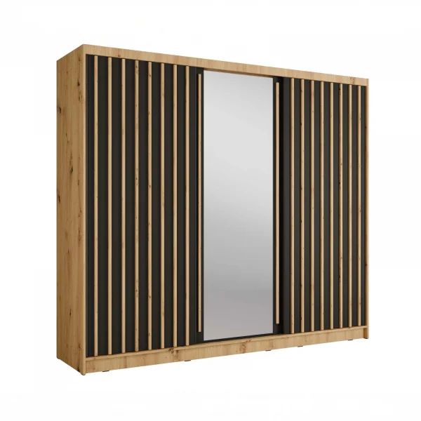 Armadio 248x215h cm 3 ante scorrevoli, cannettato con specchio rovere nero Vance