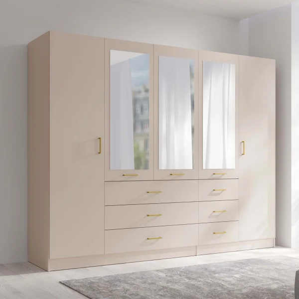 Armadio 250x200h cm 5 ante 6 cassetti con specchio beige cashmere Colmar