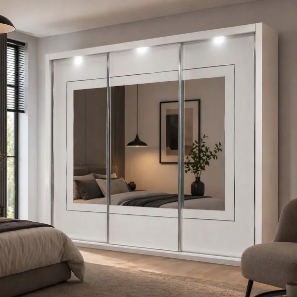 Armadio 258x213h cm 3 ante scorrevoli con specchio e luce a led bianco lucido Lucerna
