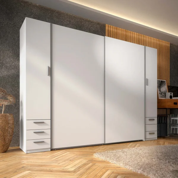 Armadio 270x208hcm 2 ante scorrevoli, 2 ante battente e 6 cassetti bianco Vega