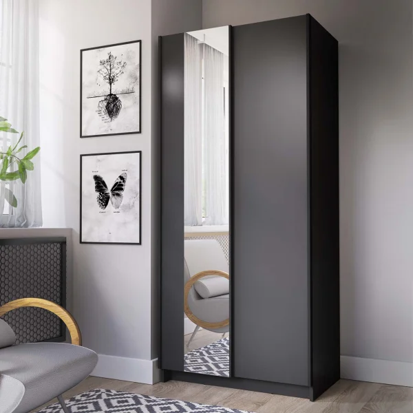 Armadio 80x182h cm 2 ante scorrevoli con specchio nero Medora