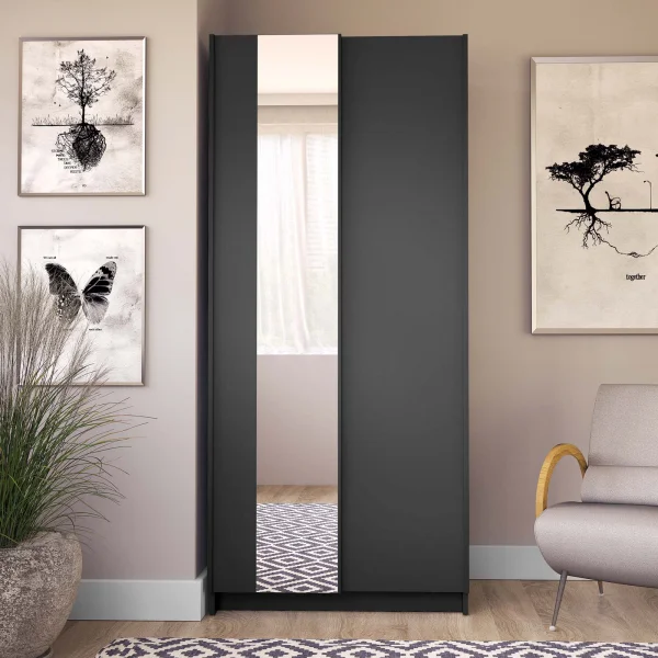 Armadio 80x182h cm 2 ante scorrevoli con specchio nero Medora