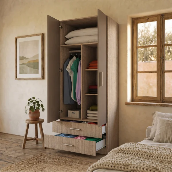 Armadio 80x191h cm 2 ante con cassetti moderno rovere scuro marrone Carlino