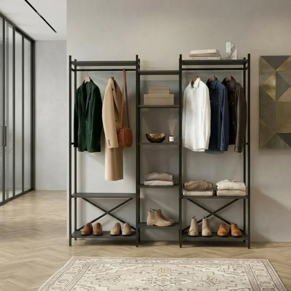 Armadio aperto con appendiabiti 172x181h cm 4 ripiani industrial metallo antracite Loft
