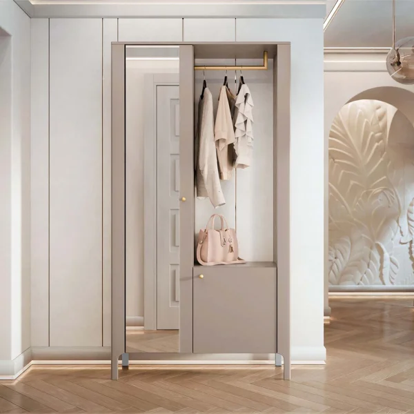 Armadio ingresso 105x197h cm con specchio e appendiabiti beige cashmere Elyana