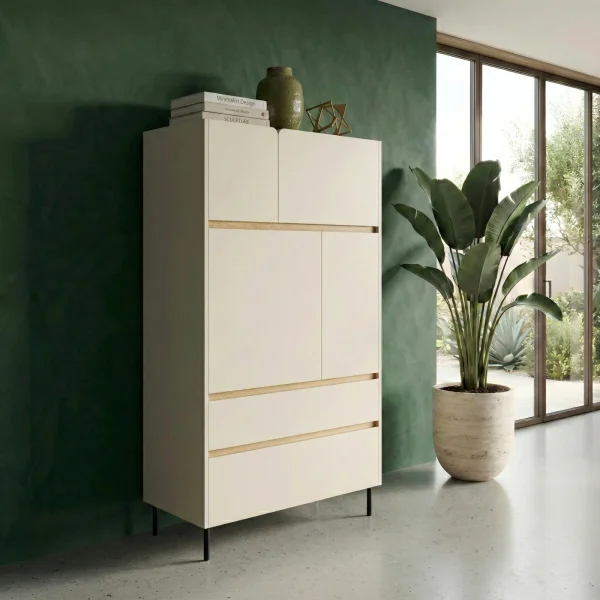 Armadio soggiorno 80x165h cm 4 ante 2 cassetti beige cashmere rovere chiaro Linfa