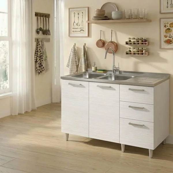 Base sottolavello 120x83h cm con doppio lavello e gocciolatoio a destra 2 ante 3 cassetti bianco frassinato Talise