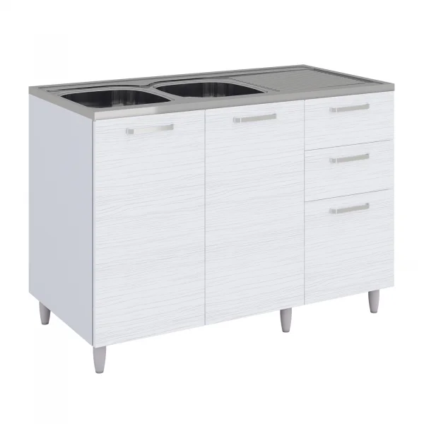 Base sottolavello 120x83h cm con doppio lavello e gocciolatoio a destra 2 ante 3 cassetti bianco frassinato Talise
