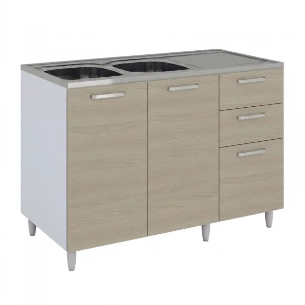 Base sottolavello 120x83h cm con doppio lavello e gocciolatoio a destra 2 ante 3 cassetti bianco rovere olmo Talise
