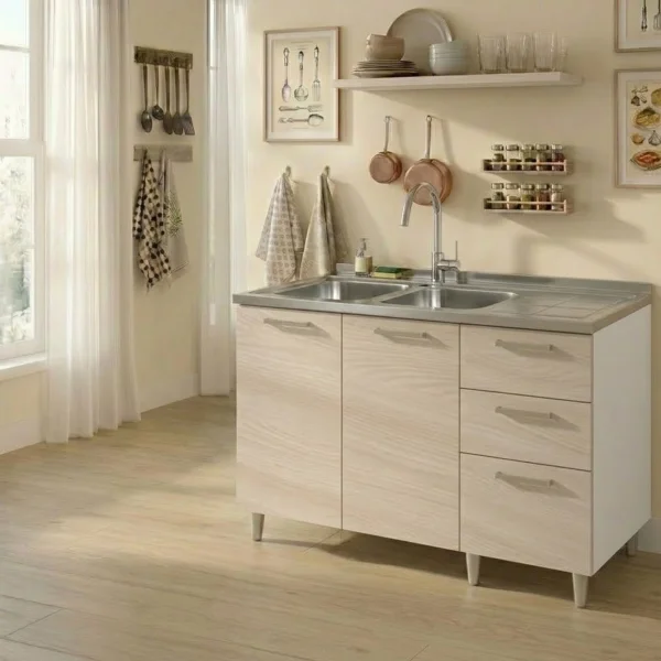 Base sottolavello 120x83h cm con doppio lavello e gocciolatoio a destra 2 ante 3 cassetti bianco rovere olmo Talise