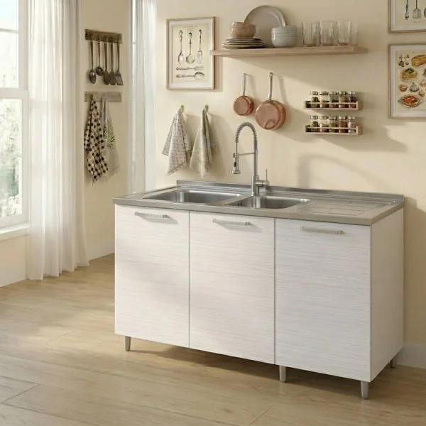 Base sottolavello 120x83h cm con doppio lavello e gocciolatoio a destra 3 ante bianco frassinato Talise