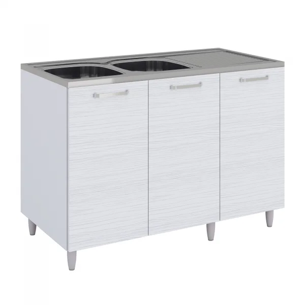 Base sottolavello 120x83h cm con doppio lavello e gocciolatoio a destra 3 ante bianco frassinato Talise