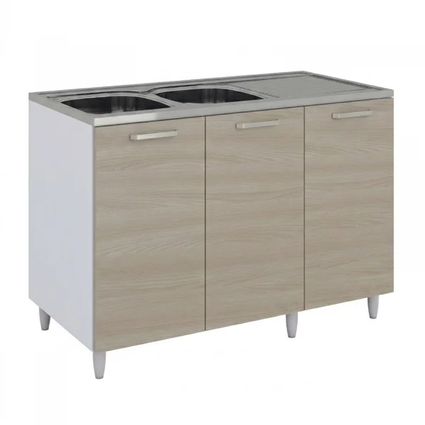 Base sottolavello 120x83h cm con doppio lavello e gocciolatoio a destra 3 ante bianco rovere olmo Talise