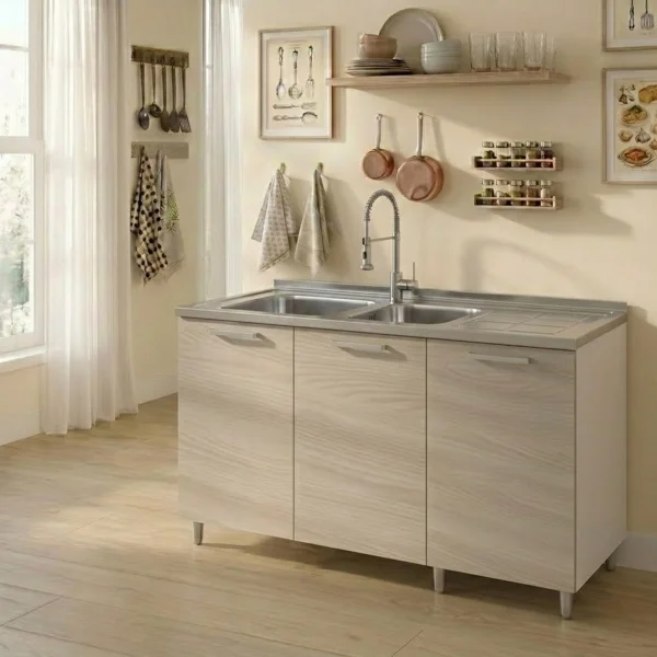 Base sottolavello 120x83h cm con doppio lavello e gocciolatoio a destra 3 ante bianco rovere olmo Talise