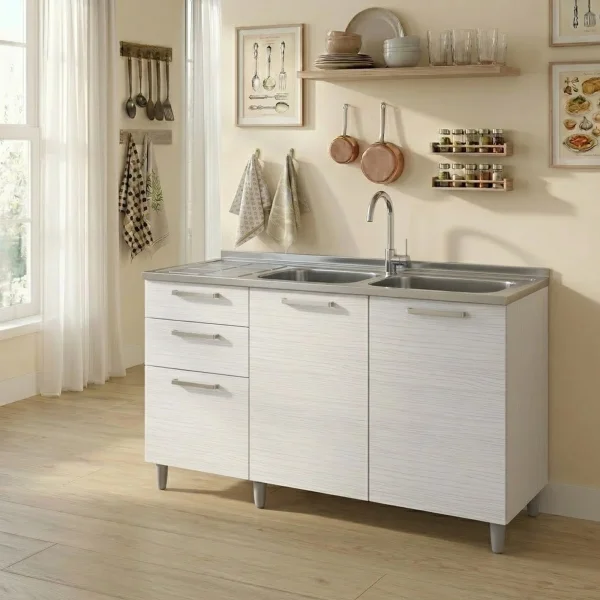 Base sottolavello 120x83h cm con doppio lavello e gocciolatoio a sinistra 2 ante 3 cassetti bianco frassinato Talise