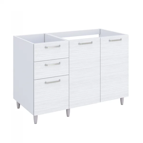 Base sottolavello 120x83h cm con doppio lavello e gocciolatoio a sinistra 2 ante 3 cassetti bianco frassinato Talise