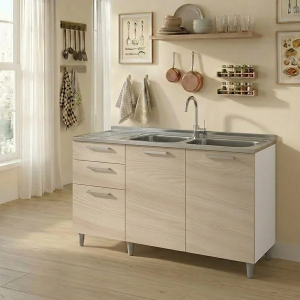 Base sottolavello 120x83h cm con doppio lavello e gocciolatoio a sinistra 2 ante 3 cassetti bianco rovere olmo Talise