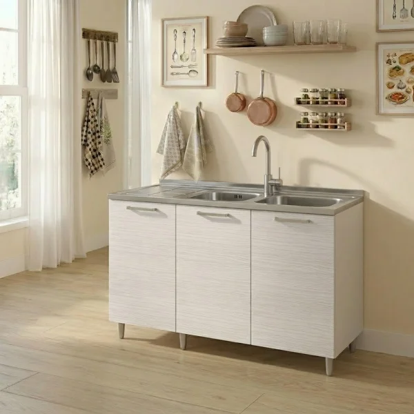 Base sottolavello 120x83h cm con doppio lavello e gocciolatoio a sinistra 3 ante bianco frassinato Talise