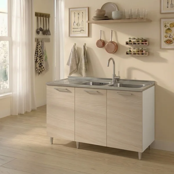 Base sottolavello 120x83h cm con doppio lavello e gocciolatoio a sinistra 3 ante bianco rovere olmo Talise