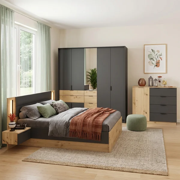 Camera da letto matrimoniale completa moderna rovere rustico e antracite Stephy