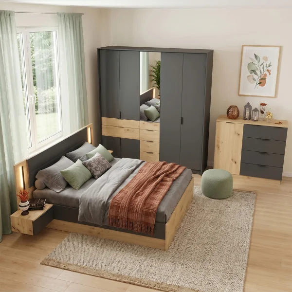 Camera da letto matrimoniale completa moderna rovere rustico e antracite Stephy