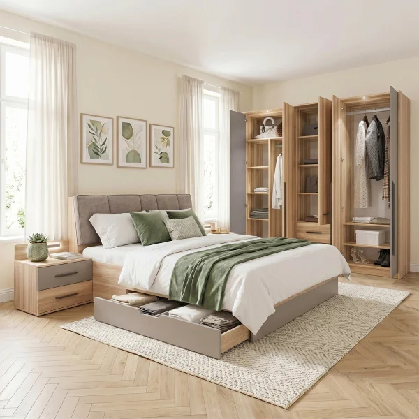 Camera da letto matrimoniale completa moderna rovere tortora Amelia