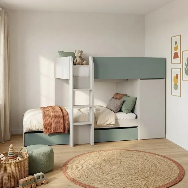 Cameretta 255x111cm bambini 2 letti reversibile a soppalco cashmere verde eucalipto Nuvolì