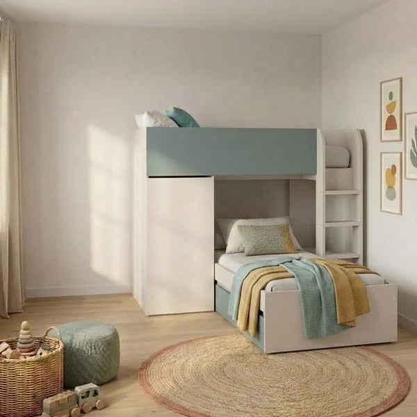 Cameretta 255x111cm bambini 2 letti reversibile a soppalco cashmere verde eucalipto Nuvolì