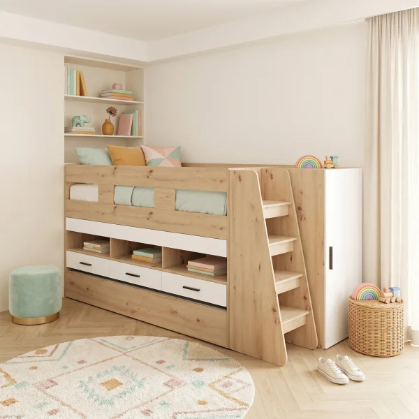 Cameretta bambini completa 2 letti singoli rovere bianco lucido Cindy