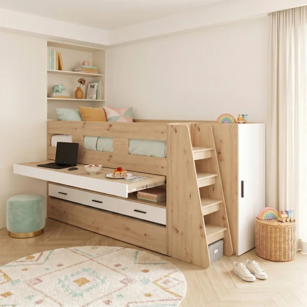 Cameretta bambini completa 2 letti singoli rovere bianco lucido Cindy