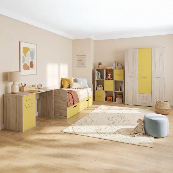 Cameretta completa letto singolo con letto estraibile e cassetti bianco frassinato giallo Bra