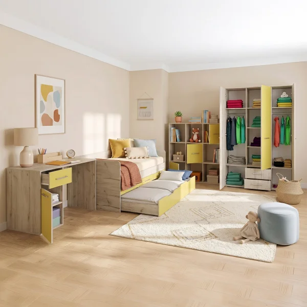 Cameretta completa letto singolo con letto estraibile e cassetti bianco frassinato giallo Bra