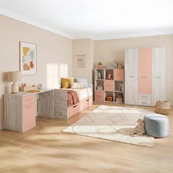 Cameretta completa letto singolo con letto estraibile e cassetti bianco frassinato rosa Bra
