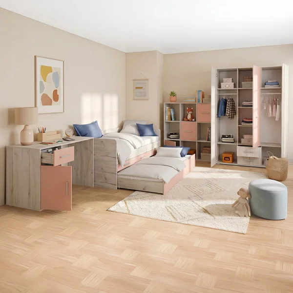Cameretta completa letto singolo con letto estraibile e cassetti bianco frassinato rosa Bra