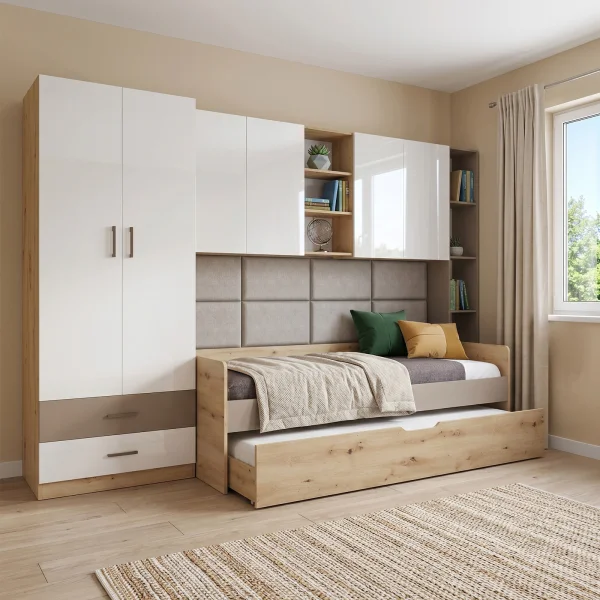 Cameretta letto singolo con letto estraibile e armadio a ponte rovere rustico marrone bianco lucido Dania