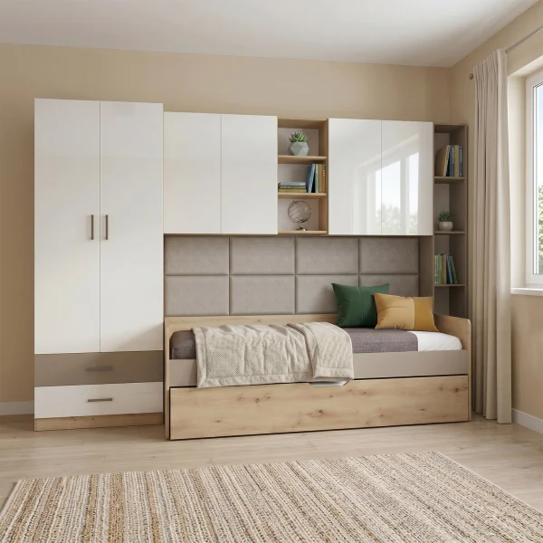Cameretta letto singolo con letto estraibile e armadio a ponte rovere rustico marrone bianco lucido Dania