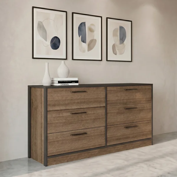 Cassettiera 130x81h cm 6 cassetti rovere scuro nero frassinato Loly