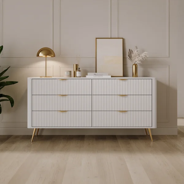 Madia moderna 163x81h cm 6 cassetti moderna bianco opaco cannettato Ramis
