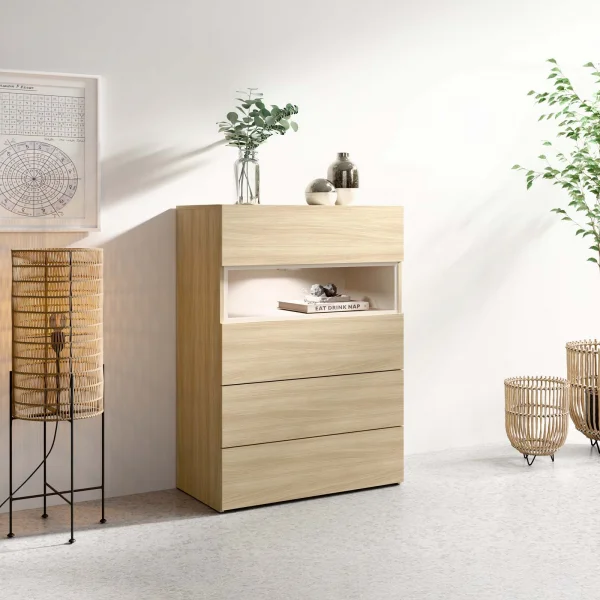 Cassettiera 80x111h cm 4 cassetti 1 vano a vista con led rovere beige cashmere Gabry