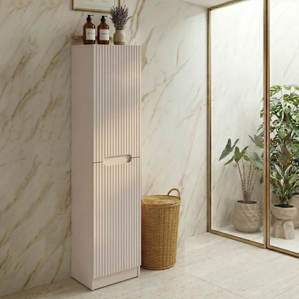 Colonna bagno lavanderia 35x180h cm con portabiancheria cannettato beige Cleany