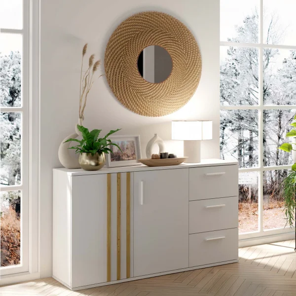 Comò 120x73h cm 2 ante 3 cassetti cannettato bianco rovere Cinnamon