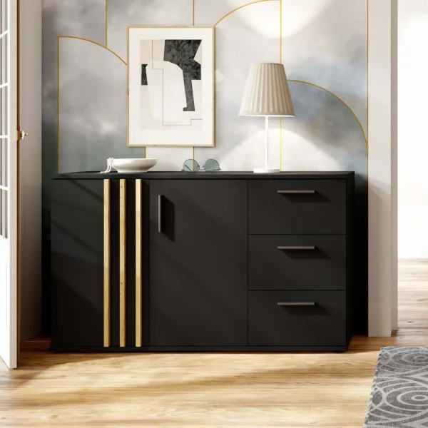 Comò 120x73h cm 2 ante 3 cassetti cannettato nero rovere Cinnamon