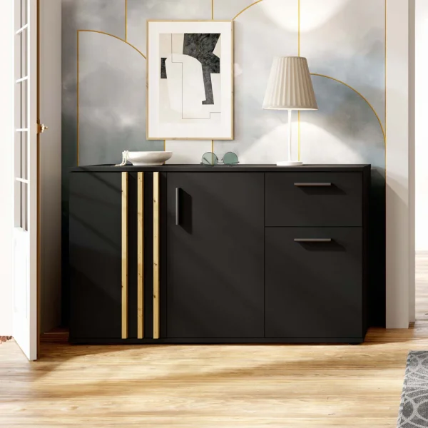 Comò 120x73h cm 3 ante 1 cassetto cannettato nero rovere Cinnamon