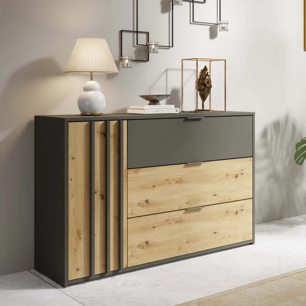 Comò 125x80h cm 1 anta 3 cassetti cannettato antracite rovere Garda