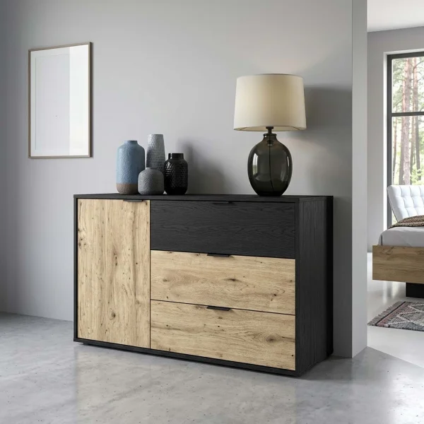 Comò 125x80h cm 1 anta e 3 cassetti nero frassinato rovere Polinesia