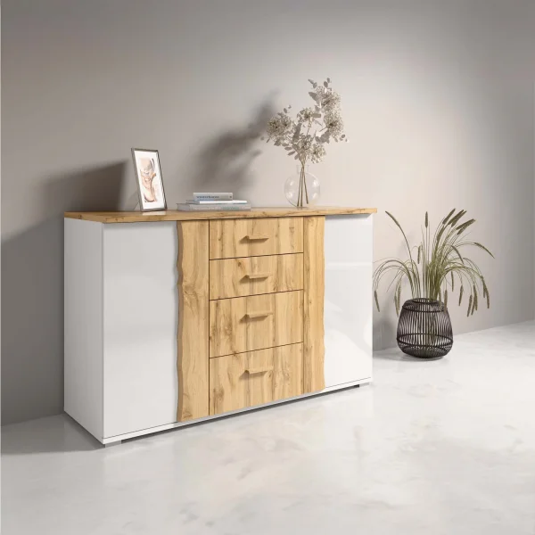 Comò 130x82h cm 2 ante 4 cassetti quercia bianco lucido Larry