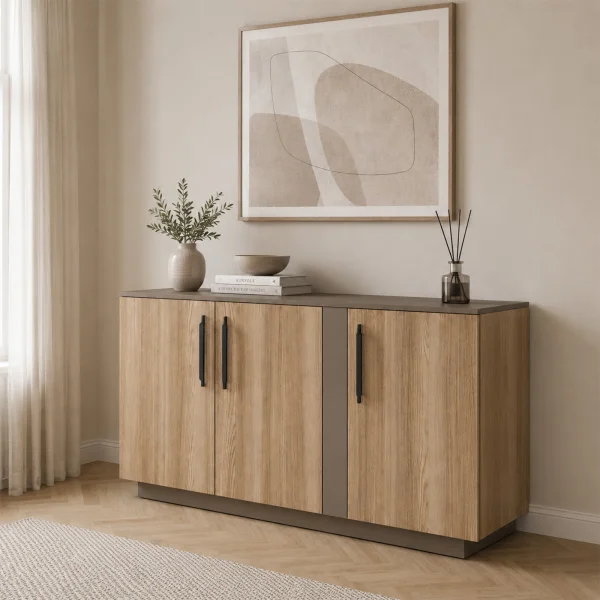 Comò 138x80h cm 3 ante moderno rovere tortora Amelia