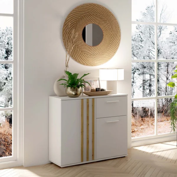 Comò 80x73h cm 2 ante 1 cassetto cannettato bianco rovere Cinnamon