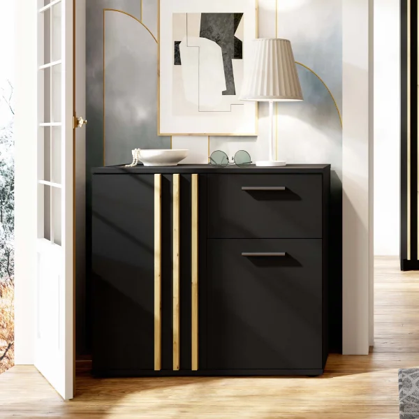 Comò 80x73h cm 2 ante 1 cassetto cannettato nero rovere Cinnamon